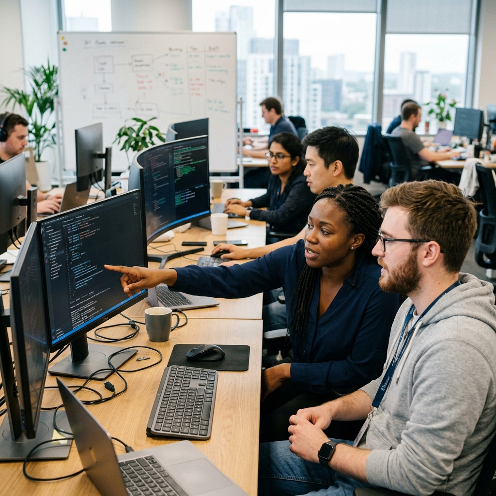 Our expert team of developers and sysadmins working in the office